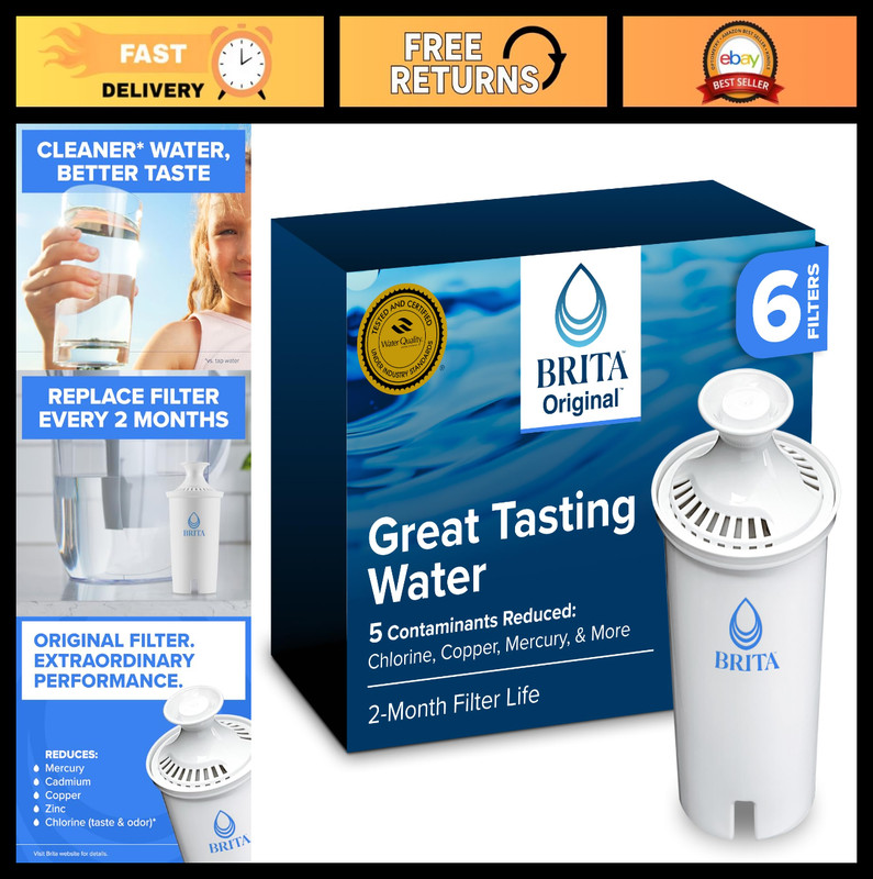Water Filter Pitcher Replacement, Reduces Copper, Cadmium, Mercury, 6 Filters, 4