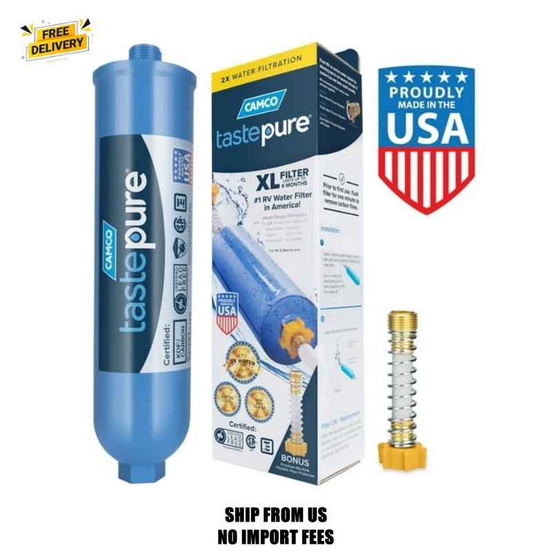 Camco Tastepure RV Water Filter and Hose Protector – GAC Filtration, Blue (40043