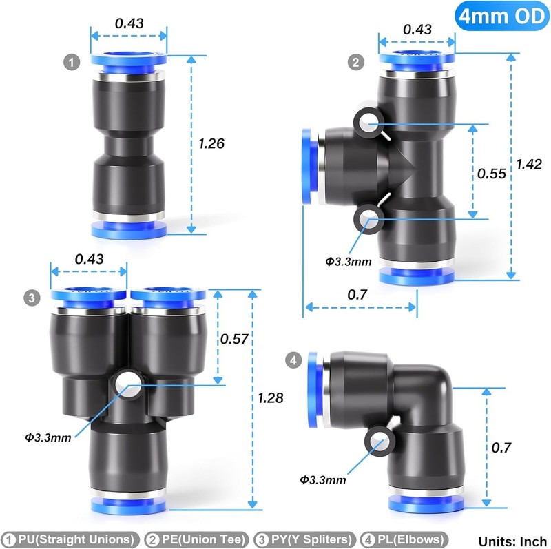 5/32 inch or 4mm od Push to Connect Fittings Pneumatic Fittings Kit 10 Spliters+ gallery