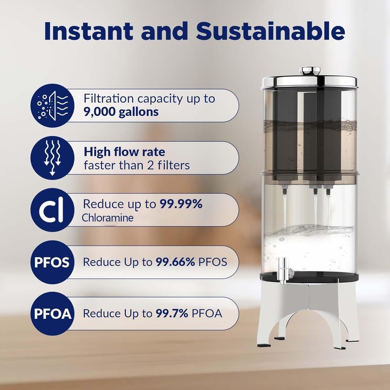 Gravity-fed Water Filter System, with 3 Filters, 2.25G Stainless-Steel gallery