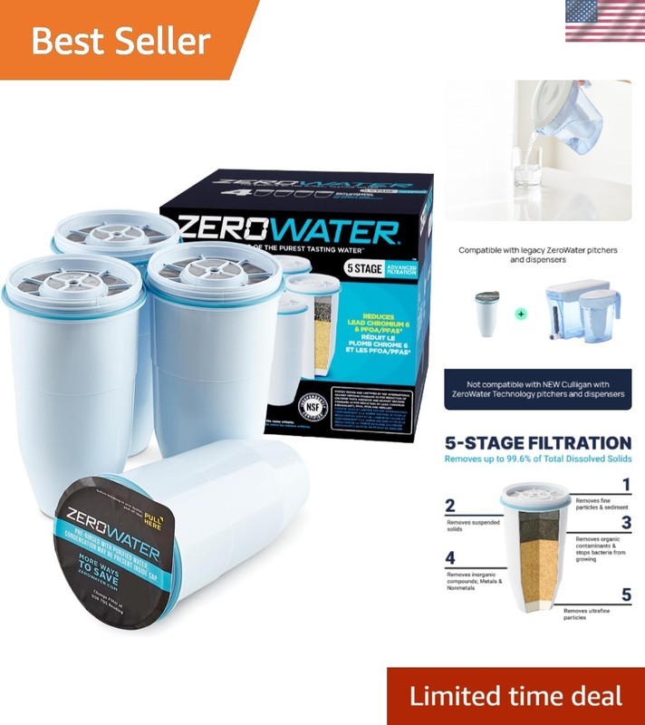 Zero Water 5-Stage Replacement Filters 4-Pack – Removes Lead & PFAS Efficiently