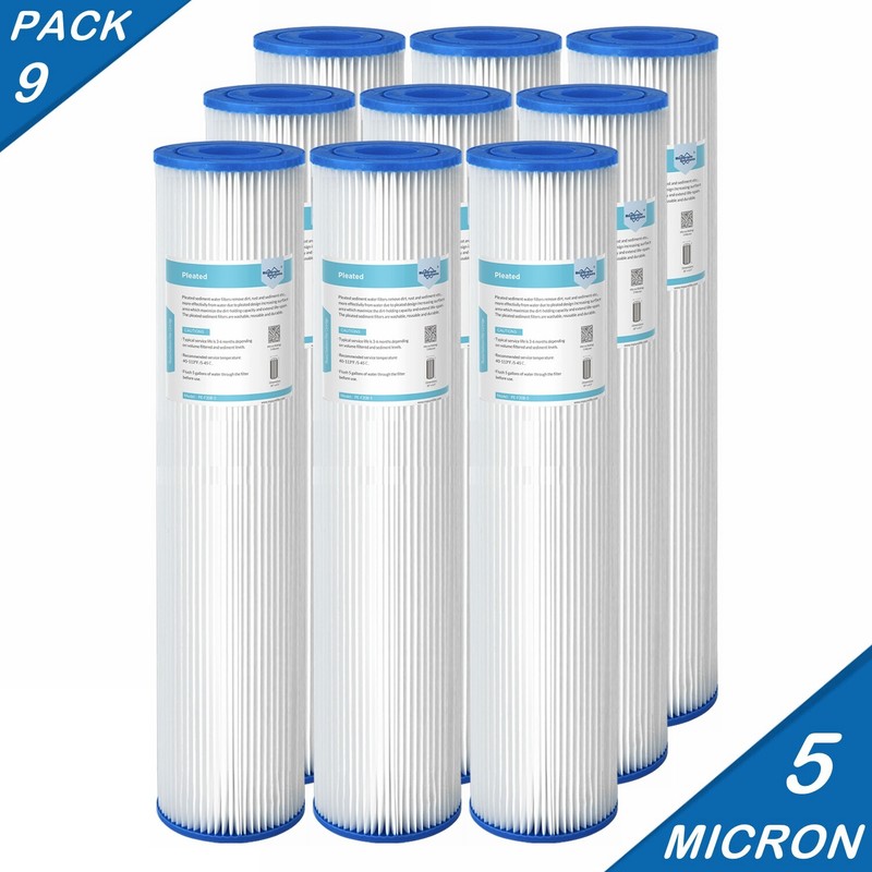 9 Pack 20×4.5″ 5/20/50 Micron Washable Pleated Sediment Water Filter Whole House