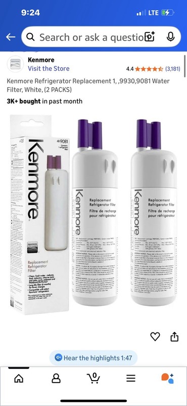 Kenmore 9081 Replacement Refrigerator Water Filter. 1 Piece. (KTC202)