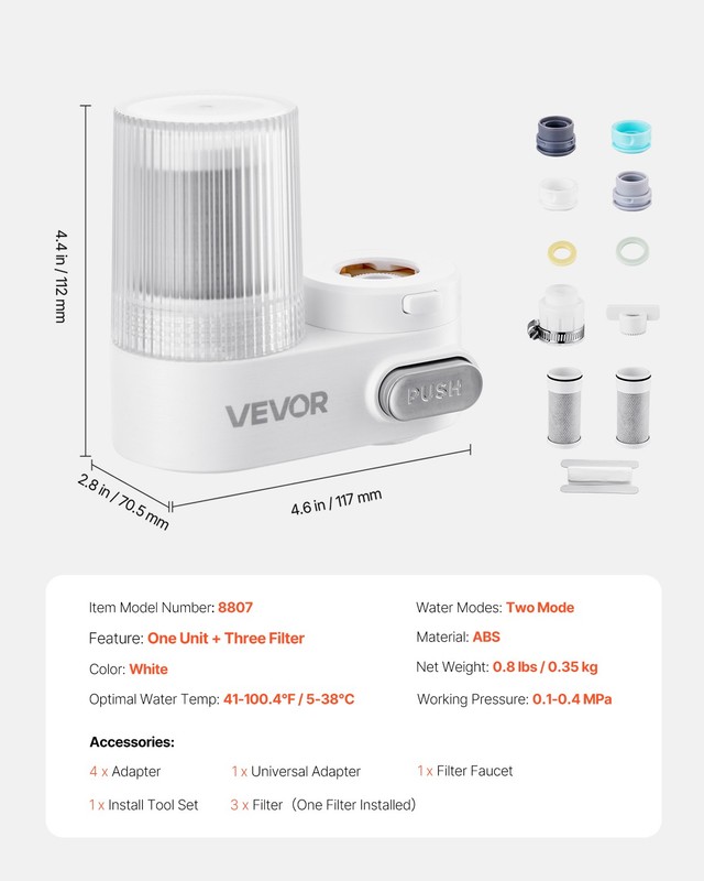 VEVOR Faucet Mount Water Filters Sink Water Purifier for Kitchen White Vertical gallery