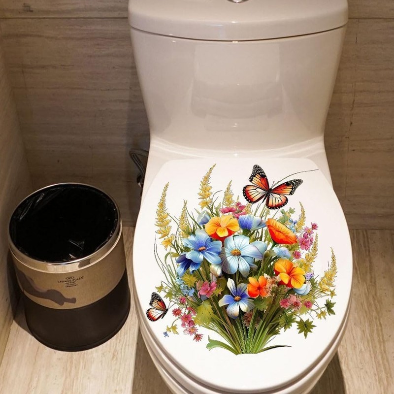 Bathroom Wall Decals, Toilet Stickers with Flowers, Butterflies, Green Plants…