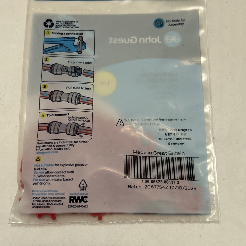 John Guest PIC1808R-US 1/4 “ Tube Red Plastic Locking Clip 100 Pk gallery