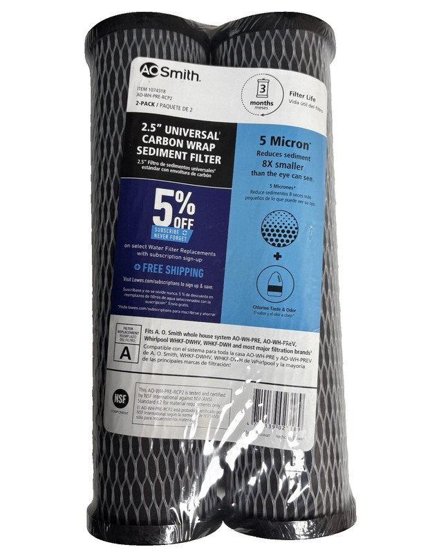 AO Smith 2.5″ Universal Carbon Wrap Sediment Filter 5 Micron WH-PRE-RCP2 -2 Pack