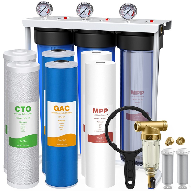 3-Stage 20″ Big Blue Spin Down Whole House Water Filter System Pressure Gauges