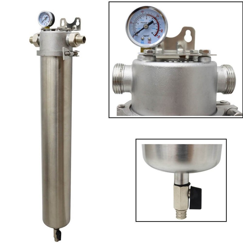20″ Long 1″ Inlet Water Filter Housing with 40um Screen +Water Pressure Gauge