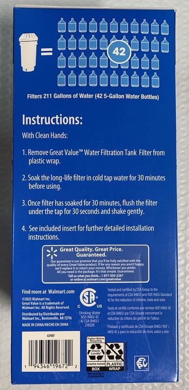 Great Value Water Tank Filter 6 Month Life Reduce Chlorine Taste & Odor BPA Free gallery