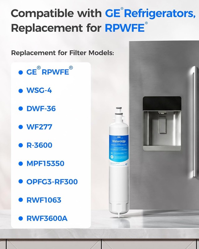 Waterdrop Refrigerator Water Filter, Replacement for GE® RPWFE (With Chip), 5 gallery