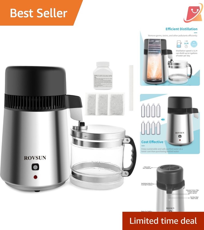 Stainless Steel Water Distiller 4L 750W Home Countertop Purifier Auto Shut Off
