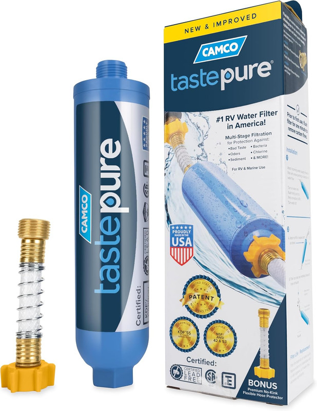Camco Tastepure RV Inline Water Filter with Hose Protector, Made in USA (40043)