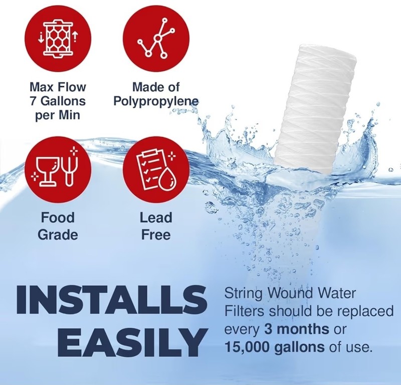 Whole House 5 Micron 10 x 2.5 String Wound Sediment Water Filter Cartridge 4pk gallery