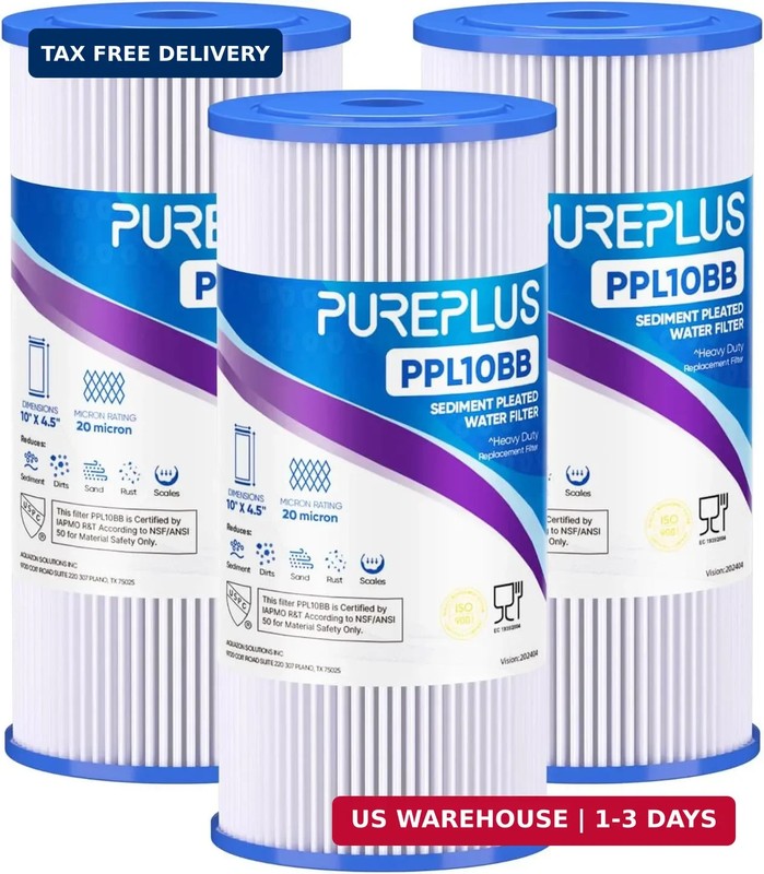PUREPLUS 20 Micron 10″ x 4.5″ Whole House Pleated Sediment Filter for Well Water