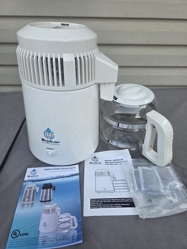 Megahome Water Distiller White Enamel with Glass Collection W/Cosmetic Dent READ
