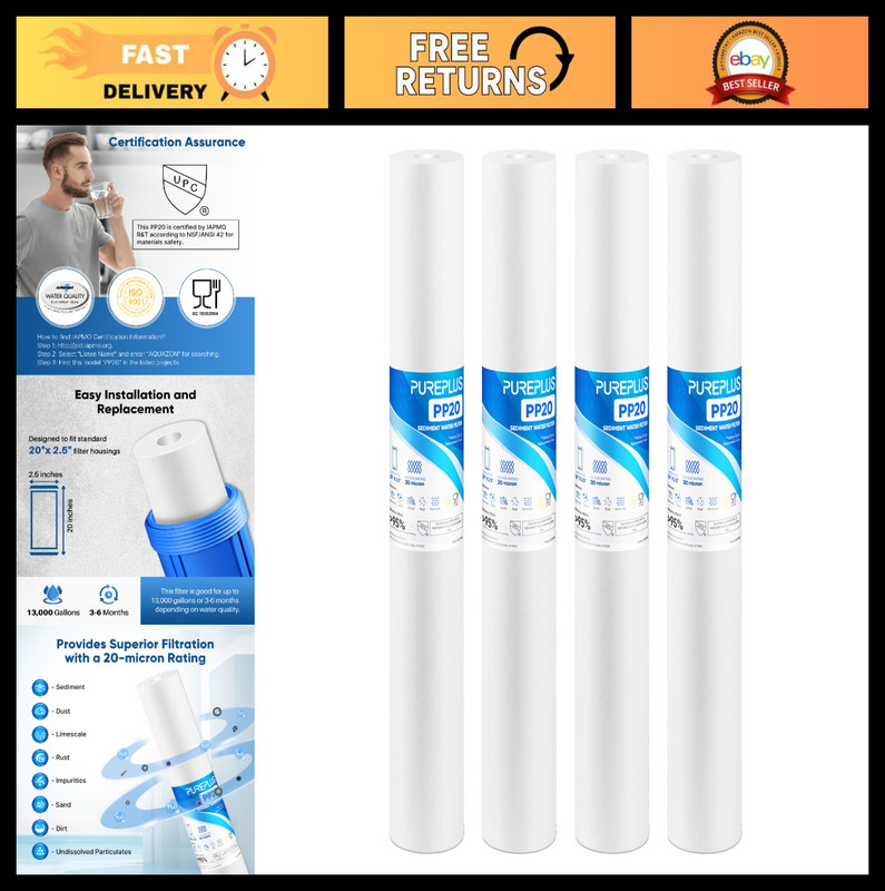 20″ x 2.5″ Whole House Water Filter – 20 Micron Sediment Replacement Cartridge,