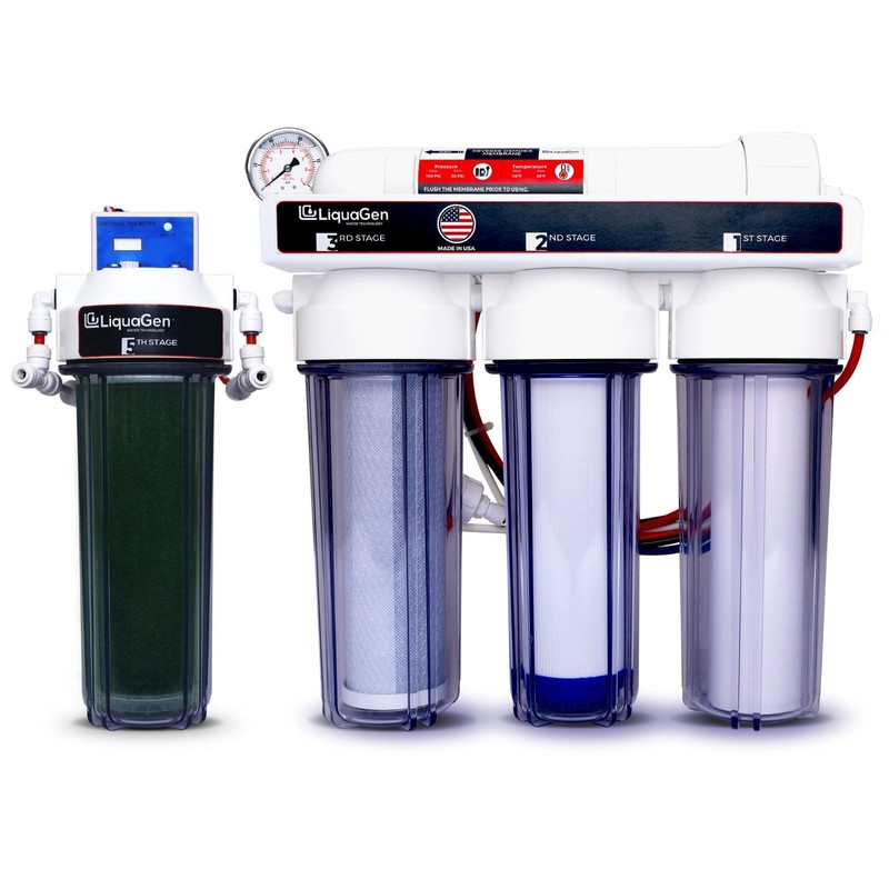 LiquaGen 5 Stage Premium 100 GPD RO/DI Water Filter System + Gauge & TDS Meter