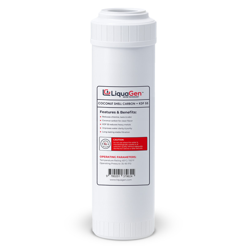 LiquaGen 2.5″x10″ Coconut Shell Carbon + KDF-55 Filter – Chlorine & Heavy Metals