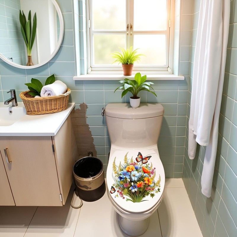 Bathroom Wall Decals, Toilet Stickers with Flowers, Butterflies, Green Plants... gallery
