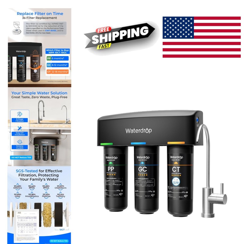 Under Sink Water Filter System with Dedicated Faucet Reduces PFAS PFOA Chlorine
