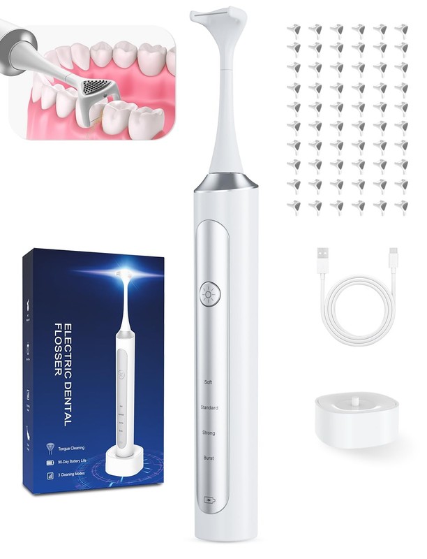 Rechargeable Electric Flosser – 4-Speed Dental with 60 Heads M, White