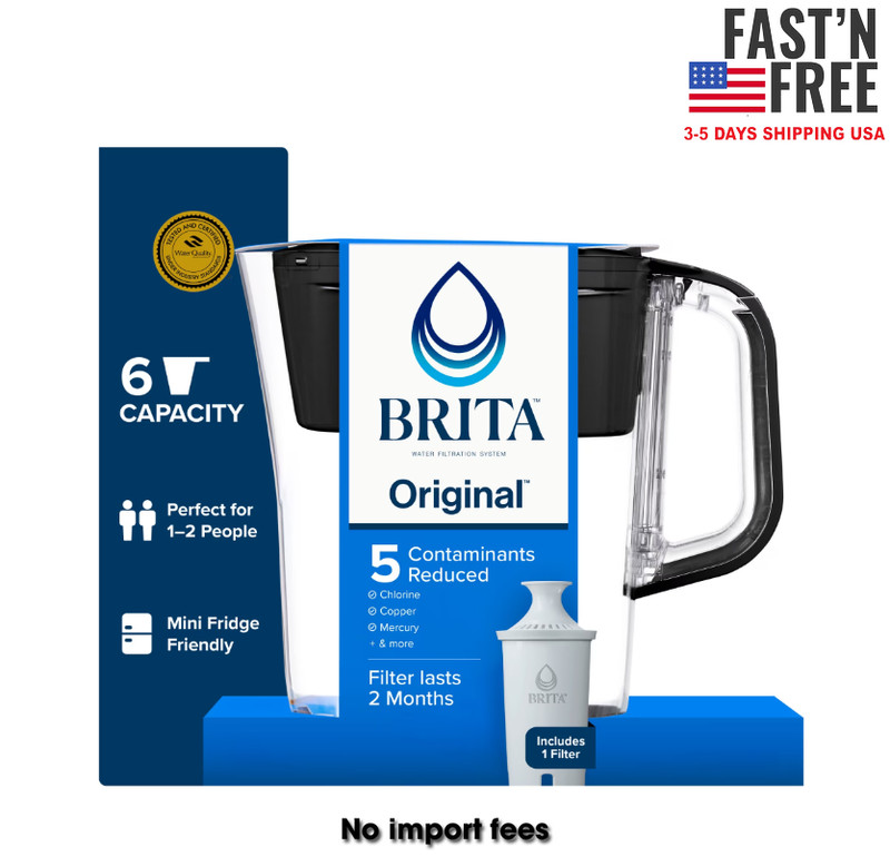 Brita 6 Cup Small Plastic Water Filter Pitcher, Black, BPA Free