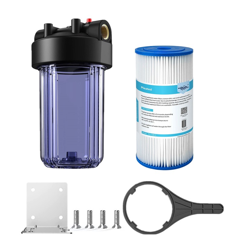 10 Inch Clear Whole House Water Filter Housing Pleated Sediment Filtration 1″NPT