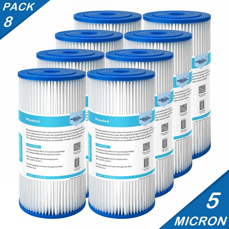 8Pack 10″x4.5″ 5/20/50 Micron Washable Pleated Sediment Water Filter Whole House