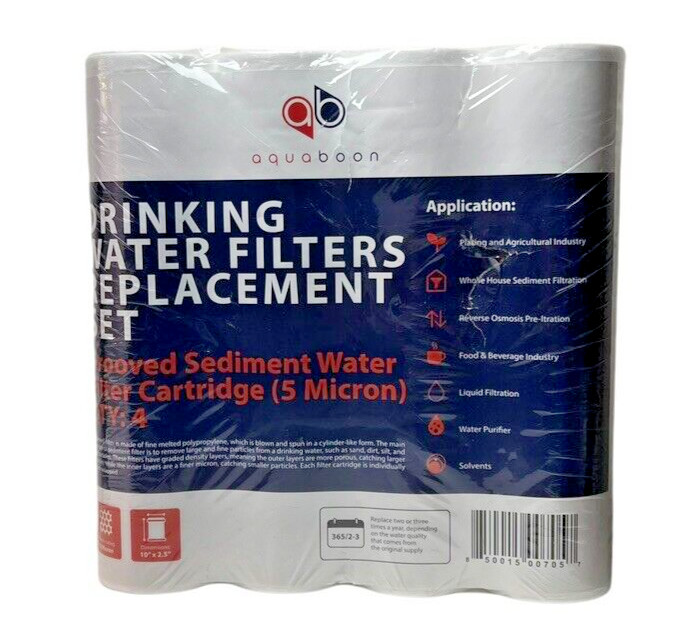 Aquaboon 4 Pack Grooved Sediment Water Filter 5 Micron 10″ x 2.5″ Whole House RO
