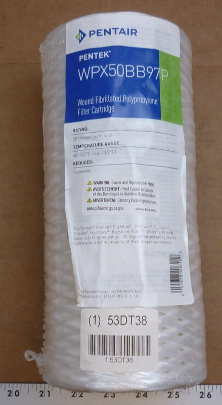 PENTAIR/PENTEK Filter Cartridge:String Wound, 30 gpm, 50 micron, 9 7/8 in 53DT38