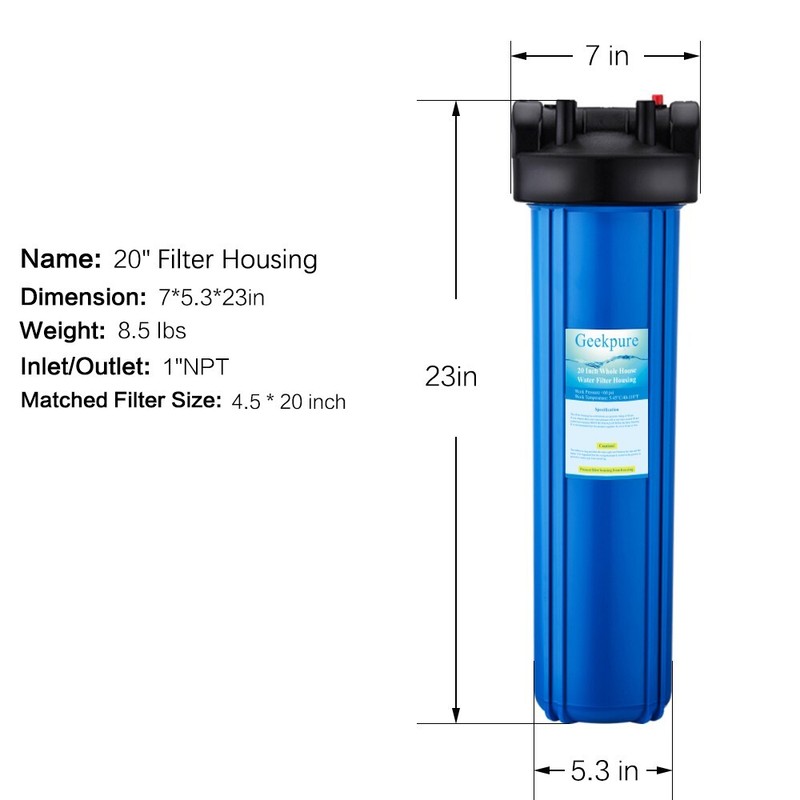 Geekpure 20 Inch Whole House Water Filter Housing 1"NPT Fit for 4.5" x 20"- Blue gallery