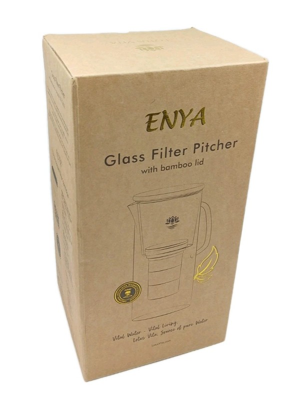 ENYA Lotus Vita Refillable Glass Water Filter Pitcher W Bamboo Lid, 4L Capacity