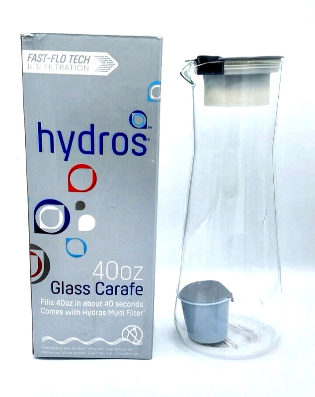 NIB Hydros 40oz Glass Slim Pitcher with Water Filter, Orig, HTF