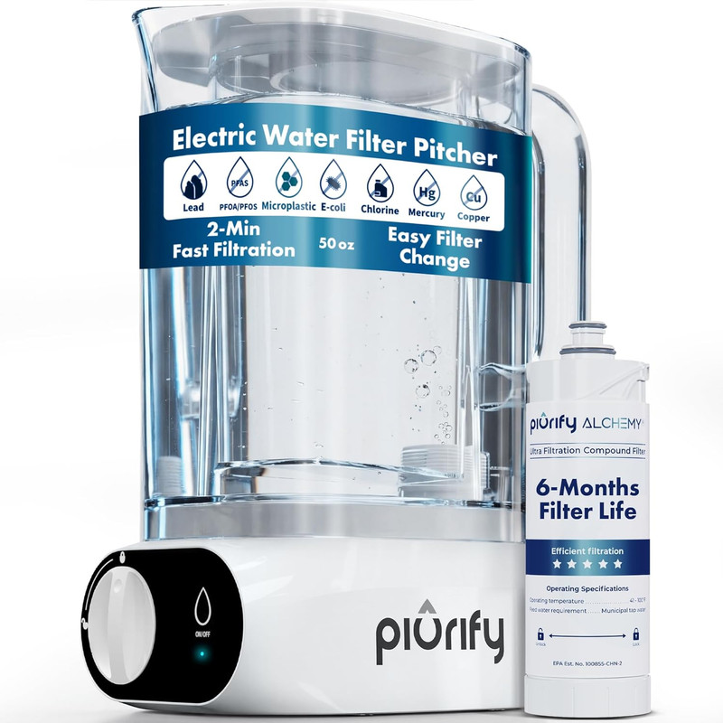 Compact 50 OZ Countertop Electric Water Filter Pitcher | Removes 99% of Lead, Mi