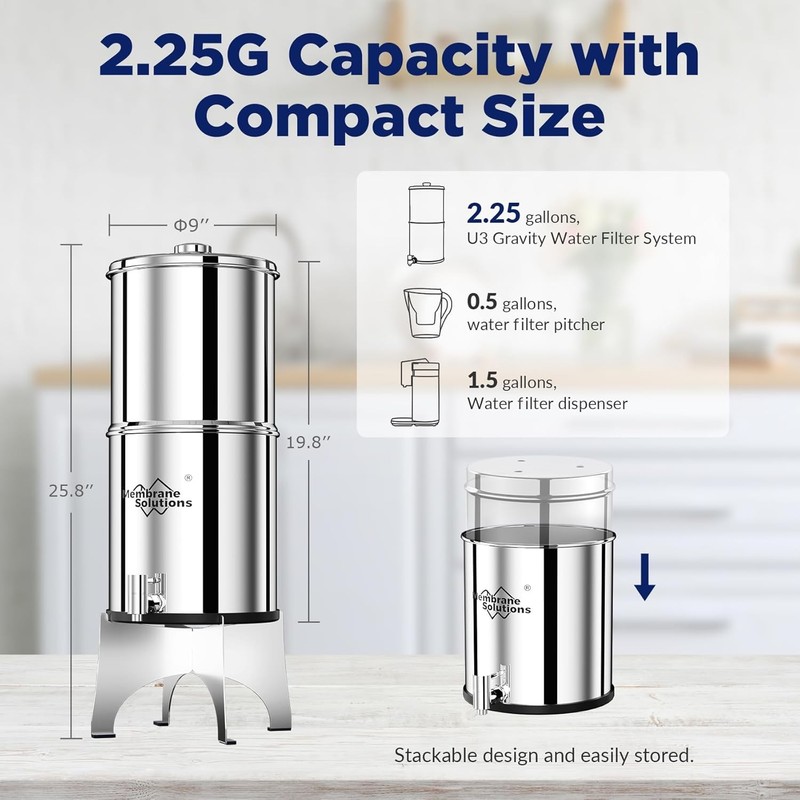 Gravity-fed Water Filter System, with 3 Filters, 2.25G Stainless-Steel gallery