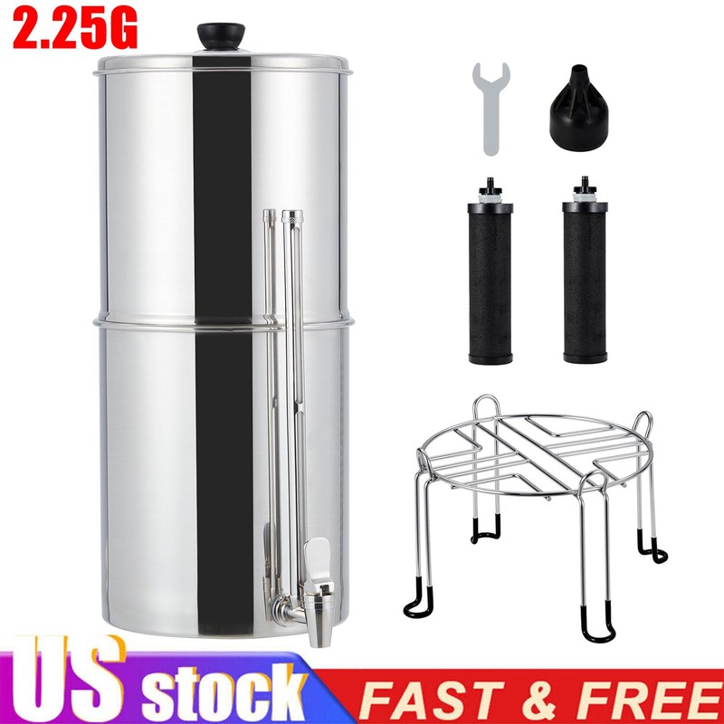 Gravity-fed Water Filter System 2.25G Stainless Steel w/ 2 Filters and Stand