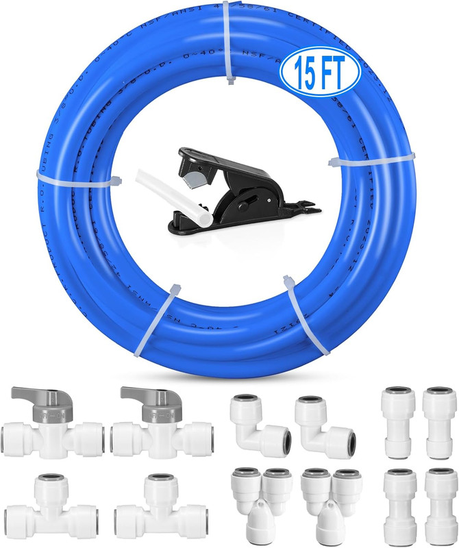 3/8″ O.D.RO Water Tubing,15Ft Food Grade PE Water Line+12Pcs 3/8″ Quick Connect