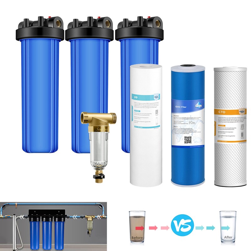 Whole House Spin Down Sediment & 3-Stage 20 Inch Water Filter Housing System Set