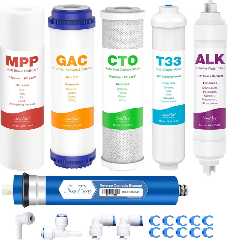 5-Stage Reverse Osmosis Replacement Filter Set with 75 GPD RO Membrane, 5Pc Pre