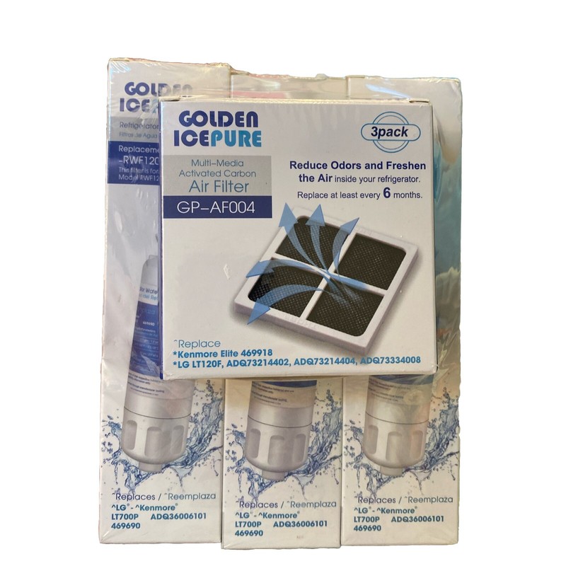 New 3 Pack Golden IcePure RWF1200A Refrigerator Water Filter W/ 3 Air Filters