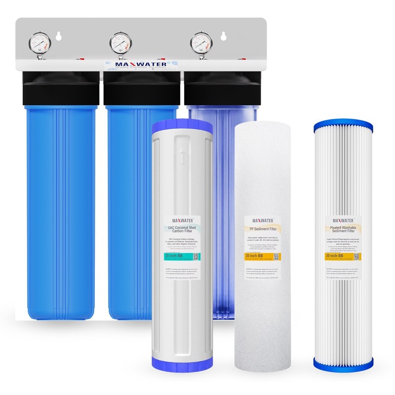 Max Water 3 Stage 20″ 1″ Port Whole House Water Filter + Pressure Gauge