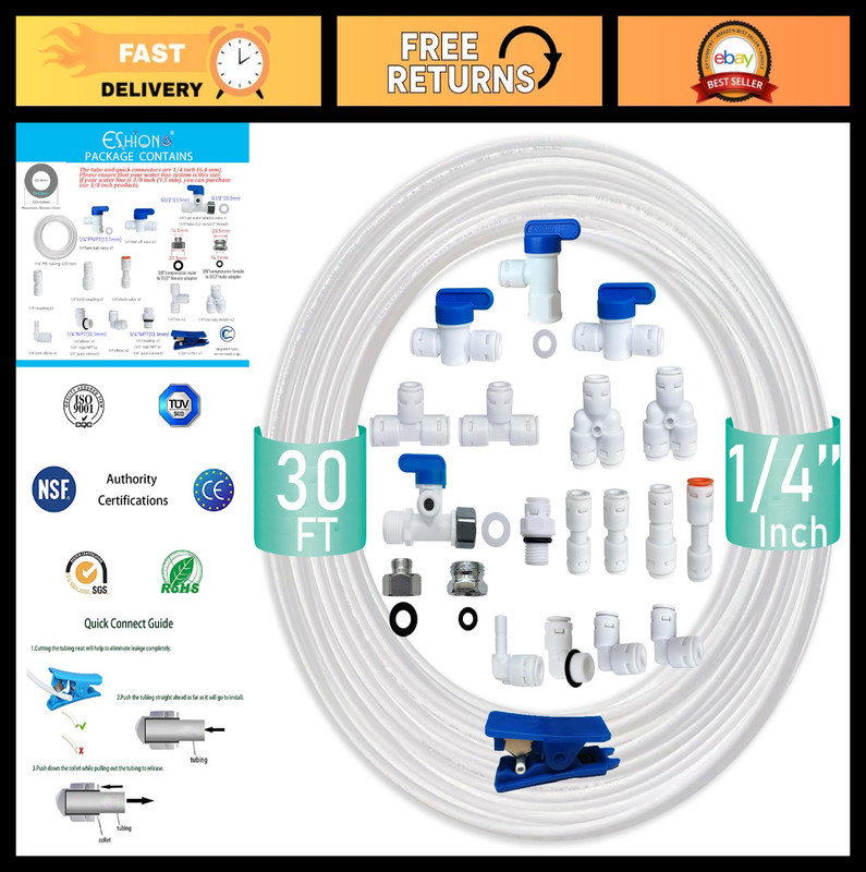 1/4″ Push to Connect Fittings for RO Water Filter, 18 pcs + 30ft Tubing, Shut-Of