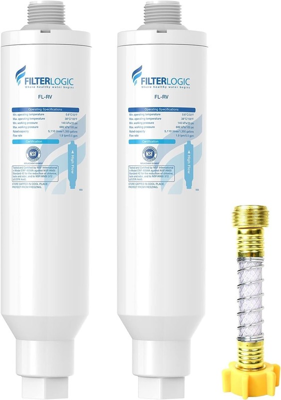 Filterlogic RV Inline Water Filter Reduces Chlorine 2 Pack with 1 Hose Protector