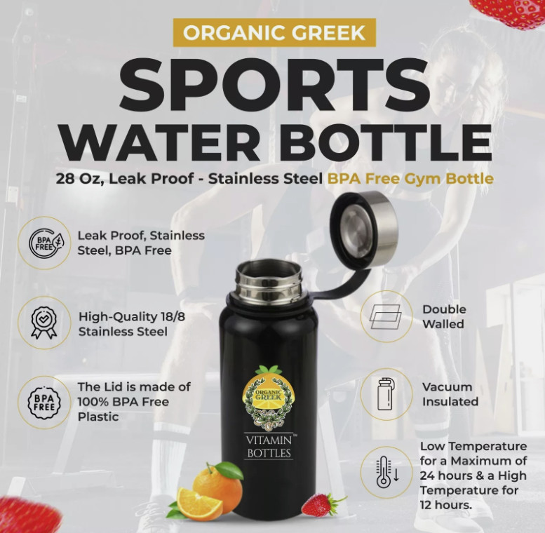 Organic Greek Sports Water Bottle - 28 Oz, Leak Proof - Black Stainless Steel gallery