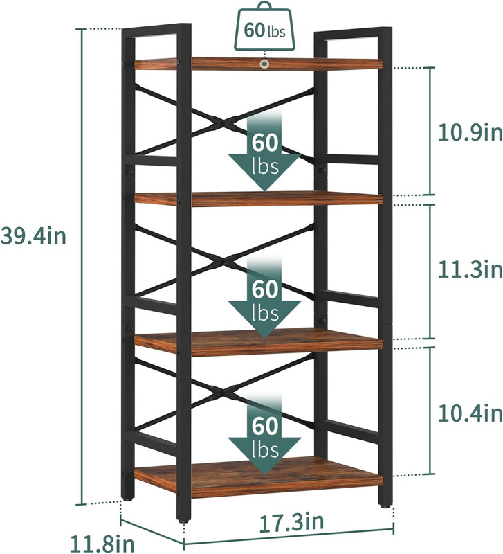 4 Tier Bookshelf - Small Book Shelf Industrial Bookcase, Narrow Book Case Book S gallery