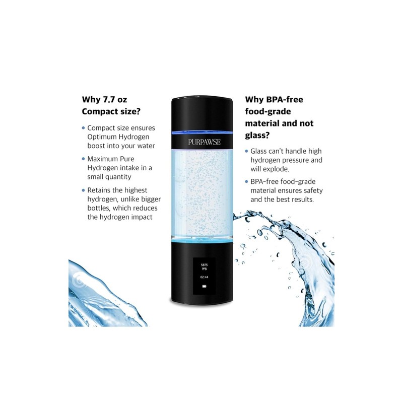 Purpawse Premium Hydrogen Water Bottle 6000 PPB SPE PEM UV Light 7.7oz Sealed gallery
