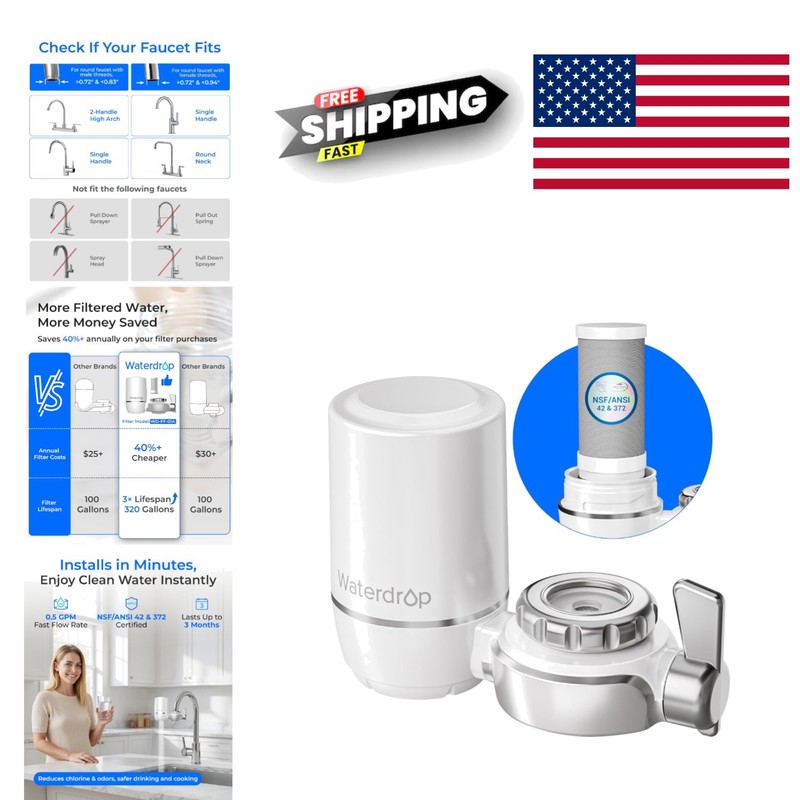 Water Filter for Kitchen Sink NSF Certified Reduces Chlorine Lead Free Material