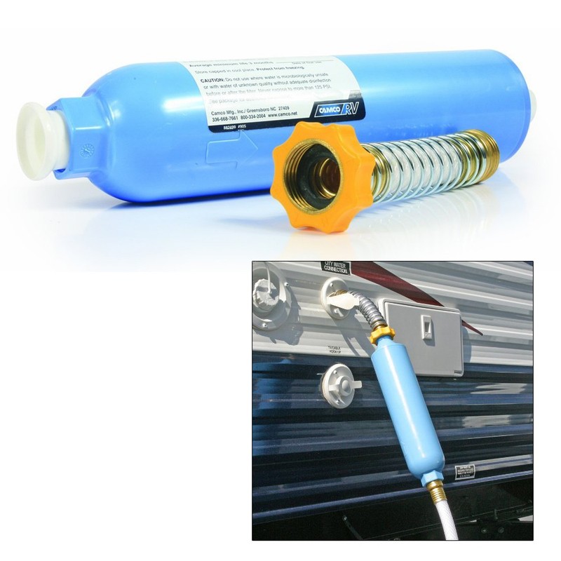 Camco TastePURE KDF/Carbon Water Filter w/Flexible Hose Protector 40043 UPC 0…