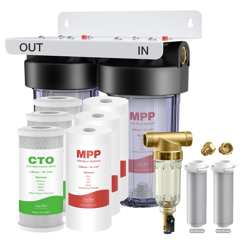 SimPure 2-Stage Whole House Water Filter System 10×4.5″ Big Blue Clear Housings
